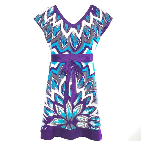 Gianni Bini Boho Dress Purple Aqua Blue White Tan Size 4 Paisley V-Neck - Picture 7 of 9